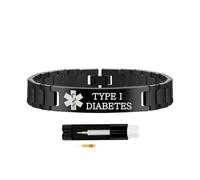 Zircobic Black Hypoallergenic Medical ID Bracelet - Waterproof Stainless Steel Plate with Laser Engraved Type I Diabetes, Adjustable Clasp, Ideal for Running, Travel & Fitness