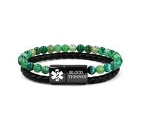 Zircobic Blood Thinner Medical Bracelet - Green Agate Beads with Braided PU Leather and a Laser Engraved Stainless Steel Tag for Men & Women, Waterproof for Daily Use