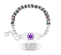 Zircobic Comfortable Waterproof Unisex Stainless Steel Medical Alert Bracelet - Stylish Engraved No BP/IVS/Needles ID with Iridescent Silver-Color Beads, Suitable for Travel and Sports