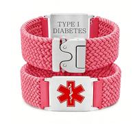Zircobic Custom Women Medical Alert Bracelet | Adjustable Braided Wristband with Detachable Stainless Steel ID Plate | Personalized Text & QR Code for Emergency Info（Bright Pink-T1D）