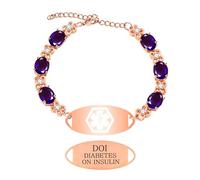 Zircobic “DIABETES ON INSULIN” ID Bracelet - Purple Zircon Accents, Adjustable Rose Gold Chain, Waterproof and Comfortable for Running, Walking, or Daily Wear