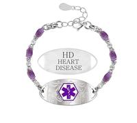 Zircobic Elegant Stylish Stainless Steel Medical Alert Bracelet with Purple Zirconia, Laser Engraved HEART DISEASE ID Tag, Waterproof, Suitable for Women’s Daily, and Running Wear