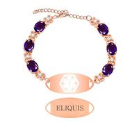 Zircobic Eliquis Medication Alert Bracelet with Purple Zircon Stones, Engraved Steel ID Tag, Comfortable Adjustable Rose Gold Chain, Daily Use and Waterproof Design