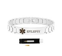 Zircobic Epilepsy Medical Bracelet - Silver Stainless Steel Chain, Laser Engraved ID, Hypoallergenic Waterproof, Includes Link Tool, Ideal for Fitness & Everyday Wear