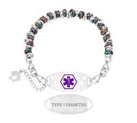 Zircobic Fashion Iridescent Silver-Color Stainless Steel Beaded Medical Alert Bracelet - Laser Engraved Type 1 Diabetes ID, Waterproof and Durable, Suitable for Swimming and Outdoor Activities, Unisex