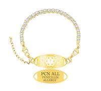 Zircobic Gold Zircon Tennis Medical Alert Bracelet - Replaceable “PENICILLIN ALLERGY” Laser Engraved Tag, Adjustable Lobster Clasp, Comfortable for Women’s Daily Wear