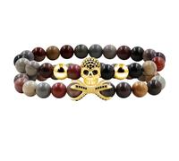 Zircobic Gothic Skull Double-Layer Bracelet with 8mm Beads, Natural US Picture Jasper and Cubic Zirconia for Stylish Men - YA5150