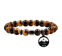 Zircobic Inspirational 8mm Tigereye Beaded Religious Bracelet for Men and Women, Classic Adjustable Mustard Seed Christian Faith Bracelets, Suitable for Daily Wear YA4107-3