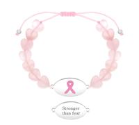 Zircobic Laser Engraved “Stronger Than Fear” Heart-Shaped Pink Rose Quartz Bracelet - Inspirational Breast Cancer Survivor Jewelry, Comfortable, Lightweight, Waterproof, Daily Wear, Fitness & Running