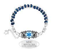 Zircobic Lightweight Blue and Silver-Color Stainless Steel Beaded Medical Bracelet - Laser Engraved Mental Health ID Tag, Waterproof and Adjustable, Suitable for Daily Wear and Running