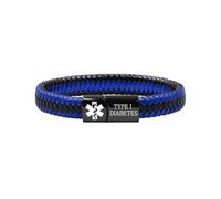 Zircobic Lightweight Waterproof PU Black/Blue Woven ID Wristband, Stylish Engraved Type 1 Diabetes Medical Alert Bracelet, Hypoallergenic Emergency Medical Bracelet for Daily Wear