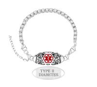 Zircobic Medical Alert Bracelet with White Zircon Tennis Chain, Adjustable Clasp, Replaceable “TYPE II DIABETES” Engraved Stainless Steel Tag, Waterproof, Lightweight, for All Occasions