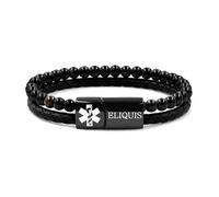 Zircobic Medication Alert Bracelet - “Eliquis” Laser Marked Plate with Black Agate Accents and Leather Wrap Design, Made for Discreet Throughout the Day