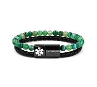 Zircobic Pacemaker Alert Bracelet - Green Striped Agate & PU Leather with Laser Engraved Stainless Steel Tag, Comfortable for All-Day and Outdoor Wear