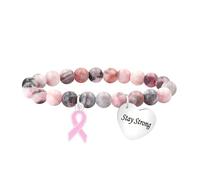 Zircobic Pink Ribbon Stretch Bracelet for Women - Pink Zebra Stone Beads with Heart Charm Engraved “Stay Strong”, Lightweight Breast Cancer Awareness Jewelry Gift