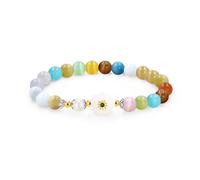 Zircobic Rainbow Cat Eye Bracelet - Colorful Boho Beaded Stretch Bracelet with Floral Center & Faux Pearl - Lightweight Fun Jewelry for Festivals or Friendship Gifts