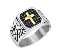 Zircobic Religious Cross Ring for Men, Vintage Silver Stainless Steel Band with Simulated Diamond, Christian Jewelry for Prayer, Worship, Ceremony, Daily Wear, Faith Gift