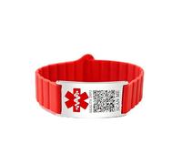 Zircobic Silicon Rubber Emergency Medical ID Bracelet, Compatible with Apple Watch & Samsung Watch, Engraved Stainless Steel Tag Version or Dynamic QR Code Version, for Daily Wear （Red-QR）