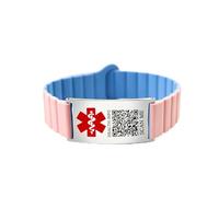Zircobic Silicon Rubber Emergency Medical ID Bracelet, Compatible with Apple Watch & Samsung Watch, Engraved Stainless Steel Tag Version or Dynamic QR Code Version, for Daily Wear （Pink/Blue-QR）