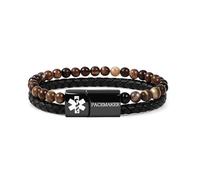 Zircobic Sports-Ready Medical ID Bracelet - “Asthma” Marked Steel Plate, PU Leather, and Coffee Striped Agate, Suitable for Running, Travel, and Daily Wear