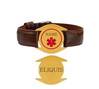 Zircobic Stylish Laser Engraved Eliquis Men's Medical Bracelet, Gold-Plated Stainless Steel & Leather, Lightweight Simple Medical Alert, Comfortable Waterproof, Ideal for Work & Daily Wear