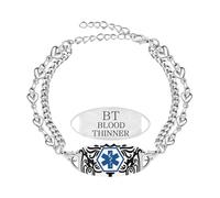 Zircobic Stylish Medical Alert Bracelet - Stainless Steel Engraved “Blood Thinner” Tag, Adjustable Heart Double Chain, Lightweight Waterproof ID Jewelry for Men Women, Daily Wear Travel Outdoor