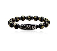 Zircobic Unique Black Agate Golden Plated Six Syllable Mantra Bead Blessing Bracelet, Classic 9 Eye Dzi Bead Meditation Prayer Bracelet, Men's Tibetan Buddhist Jewelry for Daily Wear
