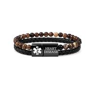 Zircobic Water-Resistant Medical Bracelet - “Heart Disease” Engraved Steel Tag, Coffee Striped Agate Beads with PU Leather, Designed for Active Wearers