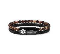 Zircobic Waterproof Medical Bracelet - “Type I Diabetes” Engraved Plate with PU Leather & Polished Coffee Striped Agate Beads, Comfortable for Active Lifestyles