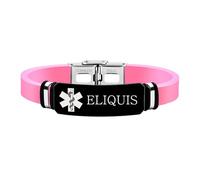 Zircobic Waterproof Pink Silicone Medical Alert Bracelet - Laser Engraved ELIQUIS, Stainless Steel Tag, Lightweight & Comfortable, Women, Running, Swimming & Daily Use