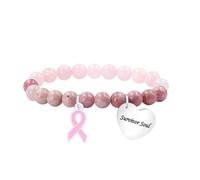 Zircobic Women’s Breast Cancer Awareness Bracelet - Rose Quartz & Rhodochrosite Beads with Heart Charm Engraved “Survivor Soul”, Pink Ribbon Design, Encouragement Jewelry Gift