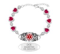 Zircobic Women’s Medical ID Bracelet with Red Heart Zirconia and Laser Engraved Stainless Steel Tag for Insulin-Dependent Diabetes, Adjustable Waterproof Chain, Lightweight for Running and Daily Wear