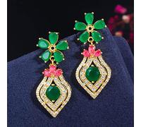 Zircons Elegant Yellow Gold Silver Red Green Emerald Cz Stone Flower Drop Earrings For Women Fashion Vintage Jewelry