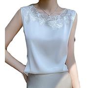 ZIRONG Ladies Silk Vest,Ladies Pure White Skin-Friendly Silk Tank Tops Lace Crewneck Sleeveless Top - Soft Silky Ideal For Daily Wear, Shopping, Beach,M