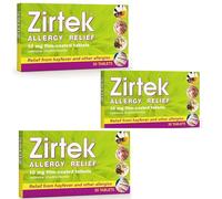 Zirtek Allergy Relief, 3 x 30 Tablets | Hayfever, Dust, Pets, and Hives | Cetirizine Antihistamine Tablet | Helps Relieve Allergic Symptoms | for Adults and Children Over 6 Years
