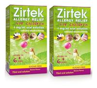 Zirtek Allergy Relief 70ml x 2 | 1mg/ml for Children 6+ Years | Cetirizine Antihistamine Solution for Hayfever, Dust, Pets, and Hives | Kids Hayfever Relief | Kids Antihistamine