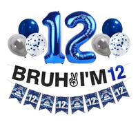 Zirtorei 12th Birthday Decorations for Boys Girls, 10pcs Blue Silver Bruh I'm 12 Banner Happy 12th Birthday Balloons, 12 Year Old Bday Party Supplies Sign