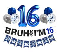 Zirtorei 16th Birthday Decorations for Boys Girls, 10pcs Blue Silver Bruh I'm 16 Banner Happy 16th Birthday Balloons, 16 Year Old Bday Party Supplies Sign