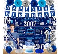 Zirtorei 18th Birthday Decorations for Boys Girls, 27pcs Back in 2007 Banner Party Supplies, Blue Silver 18 Birthday Balloon, Vintage 18 Bday Cake Topper Honeycomb Centerpiece Hanging Swirls Sash Gift