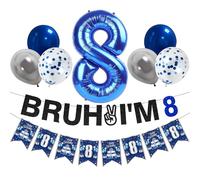 Zirtorei 8th Birthday Decorations for Boys, 9pcs Blue Silver Bruh I'm 8 Banner Happy 8th Birthday Balloons, 8 Year Old Bday Party Supplies Sign