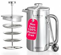 Ziruma Non-Toxic French Press, Surgical Stainless Steel Coffee Press, Plastic-Free, Heavy Metal-Free, No Endocrine Disruptors, 1000 ml, Double Wall, 4-Layer Filter, Portable Coffee Maker