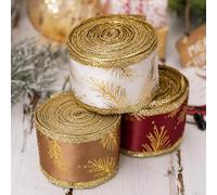 ZiStarlilife 3 Pcs Christmas Wired Ribbons Red Gold White Glitter Pine Needle 2 Inch Wide X 16Ft Each Roll For Present Wrapping Wreaths And Seasonal Craft Decor