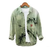 ZiStarlilife Men’s Casual Button-Down Shirt With Traditional Hawaiian Pattern Print, Long Sleeve Lapel Design, Polyester Fabric, Dark Gray Or Green, Ideal For Holiday, Party(XL Green)