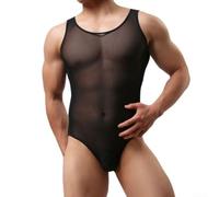 ZiStarlilife Men's Tailored Leotard Bodysuit with Sheer Spandex, Bulge Pouch and Jockstrap-Referenced Support Zone (Black)