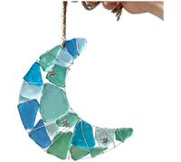 ZiStarlilife Sea Glass Moon Pendant, Handmade Blue Beach Wall Decor For Cottage Home, Natural Marine Art Accent