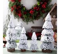 ZiStarlilife Set Of 4 Mini Snowy Sisal Christmas Trees With Wooden Bases Artificial Xmas Tree For Festive Holiday Tabletop And Small Space Winter Decoration