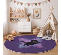 ZISTRCBAO 160cm Soft Non-slip Dreamy Cosmic Animals Round Rug | Kids Rugs for Playroom, Rug Machine Washable Indoor Black Cat Butterfly Starlight Circle Rugs for Nursery Kids Room Decor, Purple