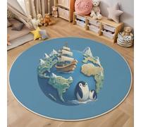 ZISTRCBAO 3D Earth Penguin Sailboat Round Rugs 160cm, Cartoon Sailing Theme Washable Circle Rug Soft Short Pile Non Slip Floor Round Rugs Gifts for Boys Girls, Blue