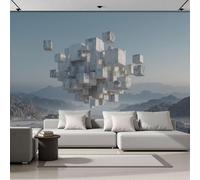 ZISTRCBAO 3D Effect Wallpaper 200x140cm, Concrete Building Wall Murals Floating Cube Print Photo Wall Decoration for Living Room Bedroom Home Hallway Lounge TV Background, Light Blue