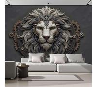 ZISTRCBAO 3D Effect Wallpaper 250x175cm, Gear Lion Head Wall Murals Dark Gothic Stone Carving Print Photo Wall Decoration for Living Room Bedroom Home Hallway Lounge TV Background, Dark Gray